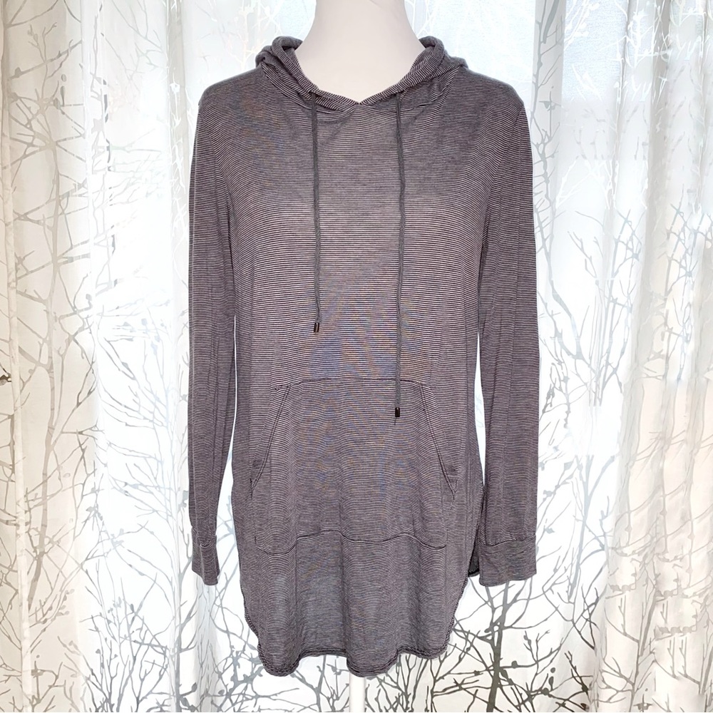 Haute Hippie gray black stripe long sleeve hoodie front pocket shirt sweatshirt
